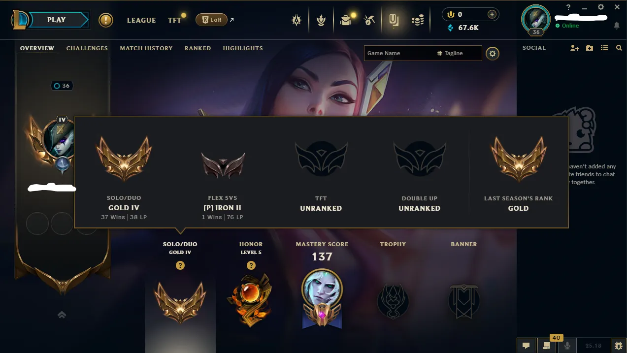 【 NA 】∙ Gold IV ⭐ 66% WR 💎 67K BE ⚡ +38 LP Gain 🎉 8 Skins ✅ Name Changeable ✅ Unverified Email 🚚 Instant Delivery